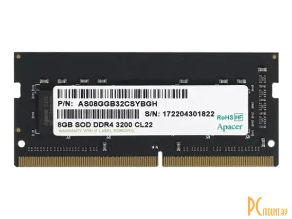 Память для ноутбука SODDR4, 8GB, PC25600 (3200MHz), Apacer AS08GGB32CSYBGH, 8 ГБ, 1 модуль DDR4 SO-DIMM, частота 3200 МГц, CL 22T, напряжение 1.2 В